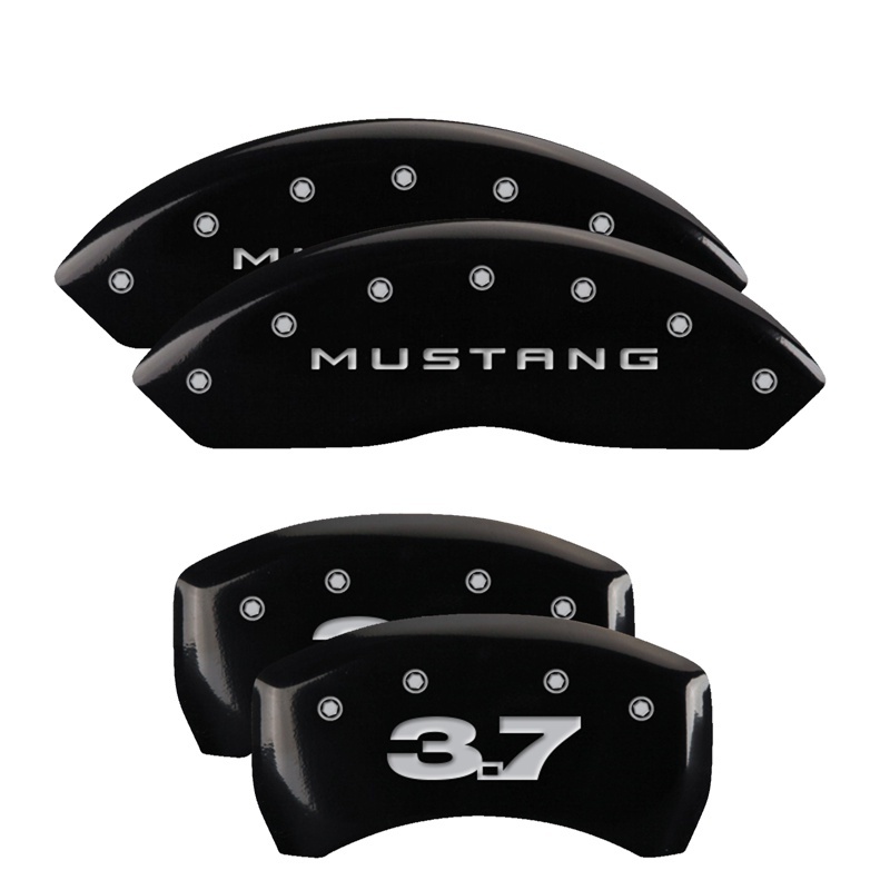 MGP 4 Caliper Covers Engraved Front Mustang Engraved Rear 37 Black finish silver ch thumbnail 3