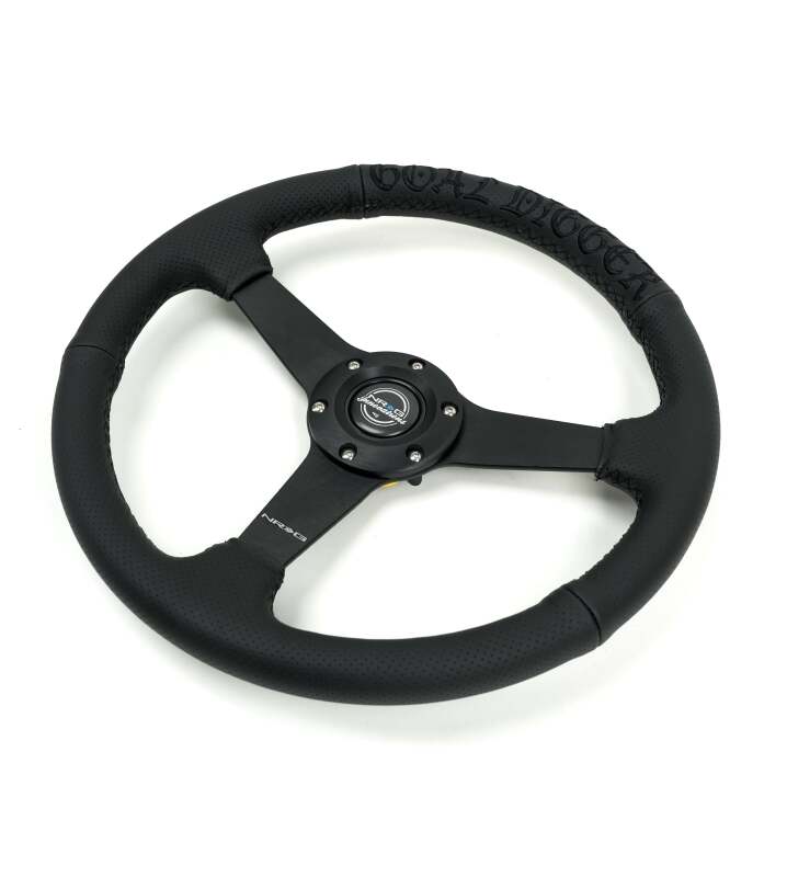 NRG Reinforced Black Perforated Leather Steering Wheel 350mm / 1.5in Deep w/ Goal Digger Blk Stitch thumbnail 5