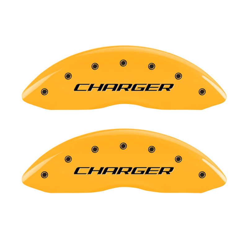 MGP 4 Caliper Covers Engraved Front Charger Engraved Rear RT Yellow finish black ch thumbnail 5