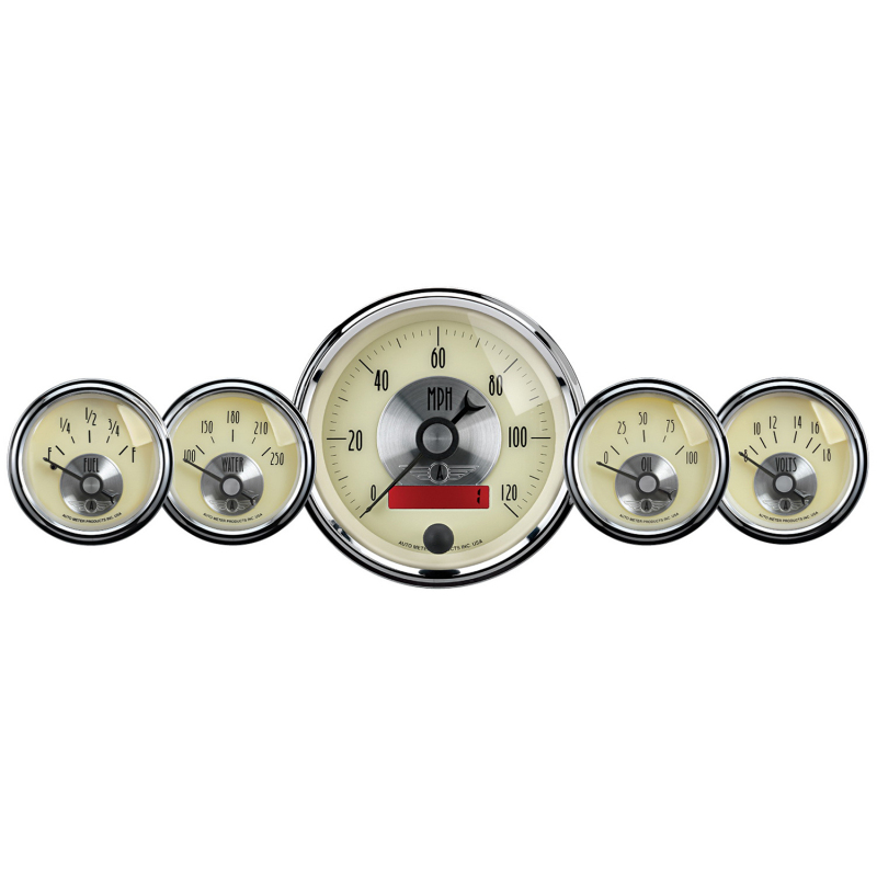 AutoMeter Gauge Kit 5 Pc. 3-3/8in. & 2-1/16in. Elec. Speedo W/Lcd Odo Prestige Antique. Ivory thumbnail 5