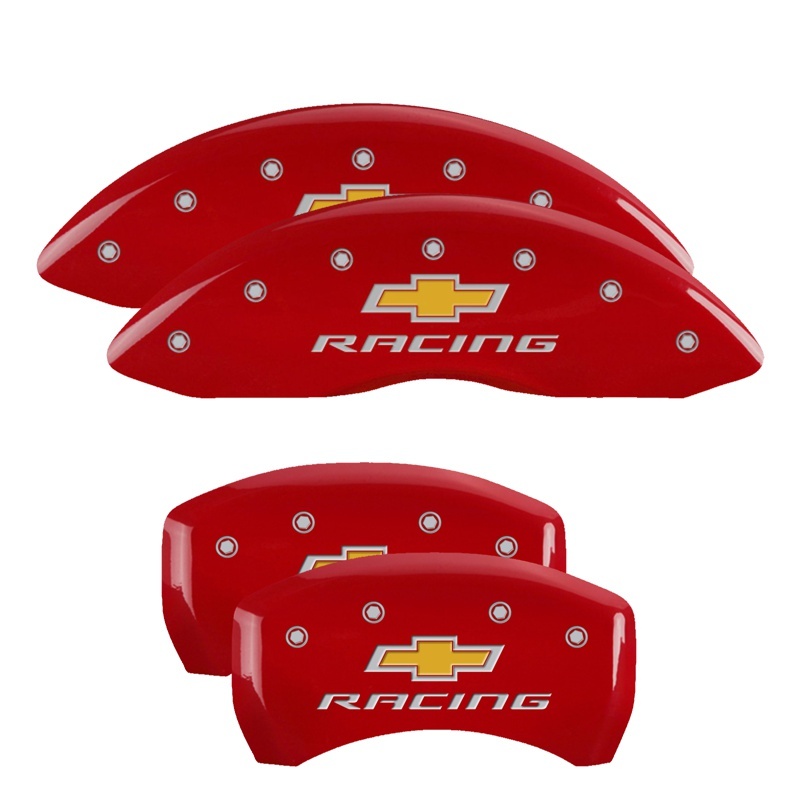 MGP 4 Caliper Covers Engraved Front & Rear Chevy racing Red finish silver ch thumbnail 3