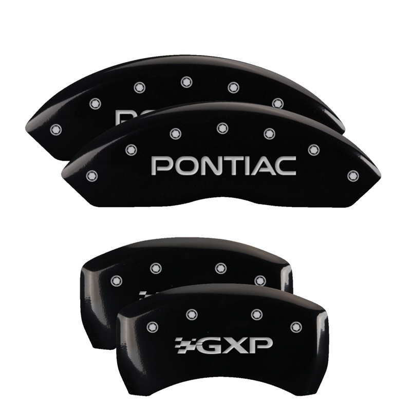 MGP 4 Caliper Covers Engraved Front Pontiac Engraved Rear GXP Black finish silver ch thumbnail 6