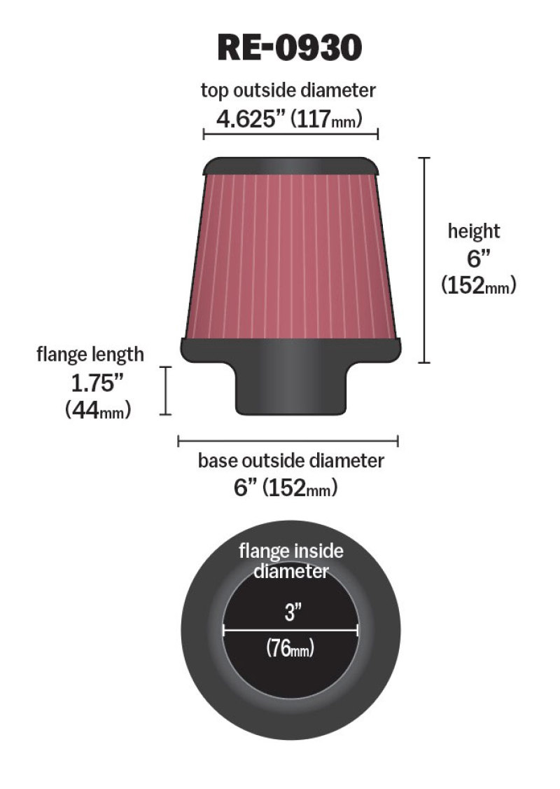 K&N Universal Rubber Filter - Round Tapered 6in Base OD x 3in Flange ID x 6in H thumbnail 7