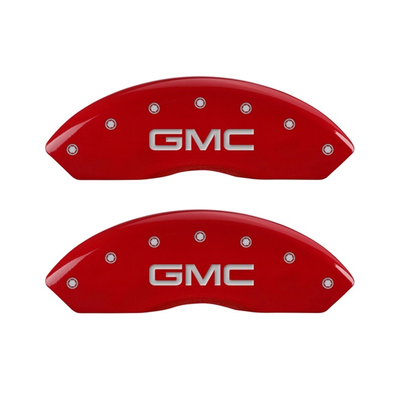 MGP Front set 2 Caliper Covers Engraved Front GMC Red finish silver ch thumbnail 4
