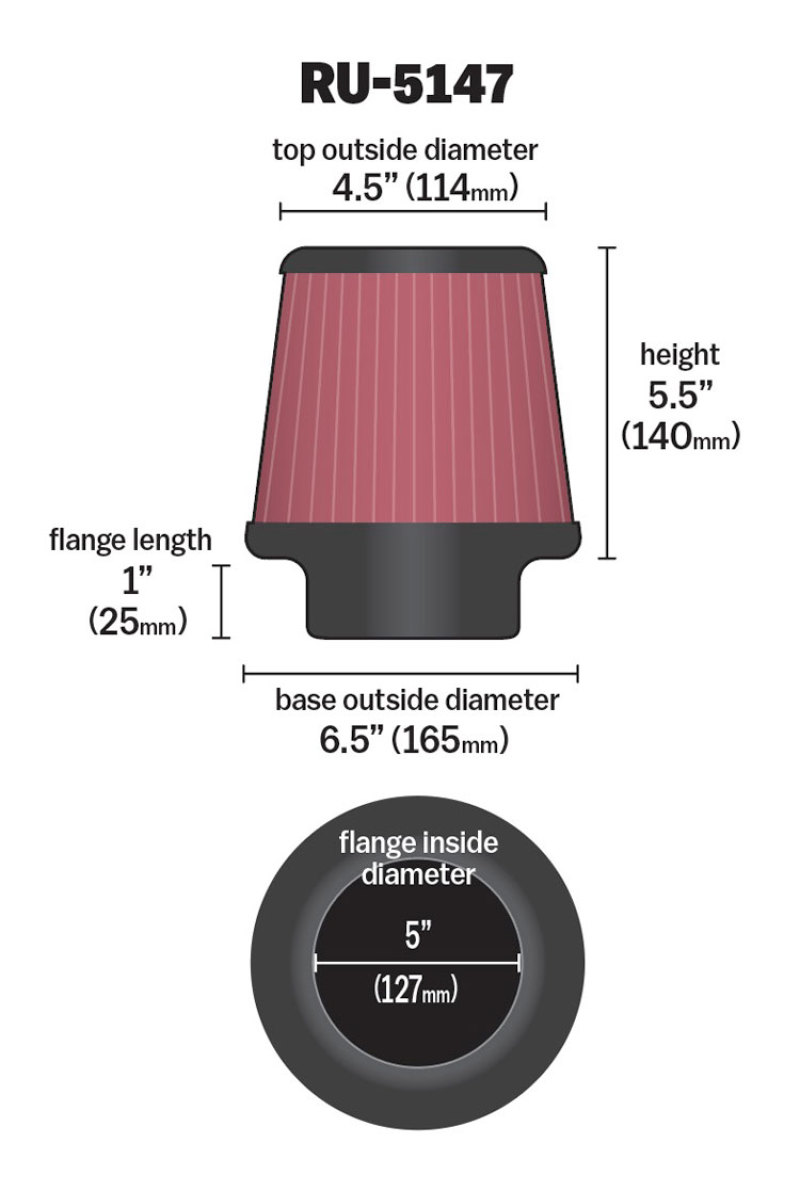 K&N Filter Universal Rubber Filter 5in Flange 6.5in Base 4.5in Top 5.5in Height thumbnail 5