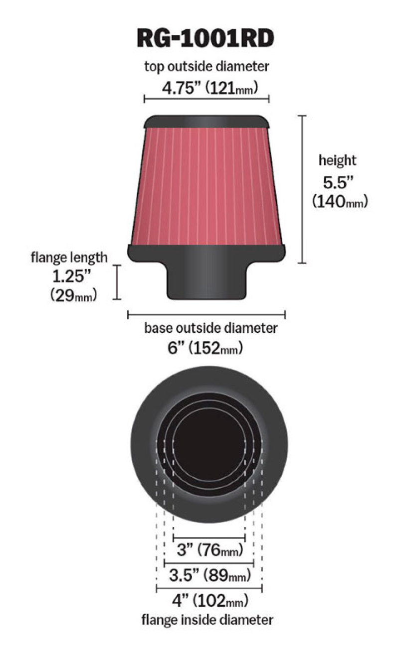 K&N Universal Air Filter Chrome Round Tapered Red - 4in Flange ID x 1.125in Flange Length x 5.5in H thumbnail 7