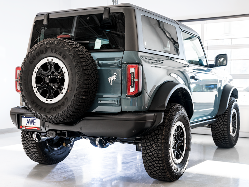 AWE Tuning 2021+ Ford Bronco 0FG Dual Rear Exit Exhaust w/Diamond Black Tips & Bash Guard thumbnail 5