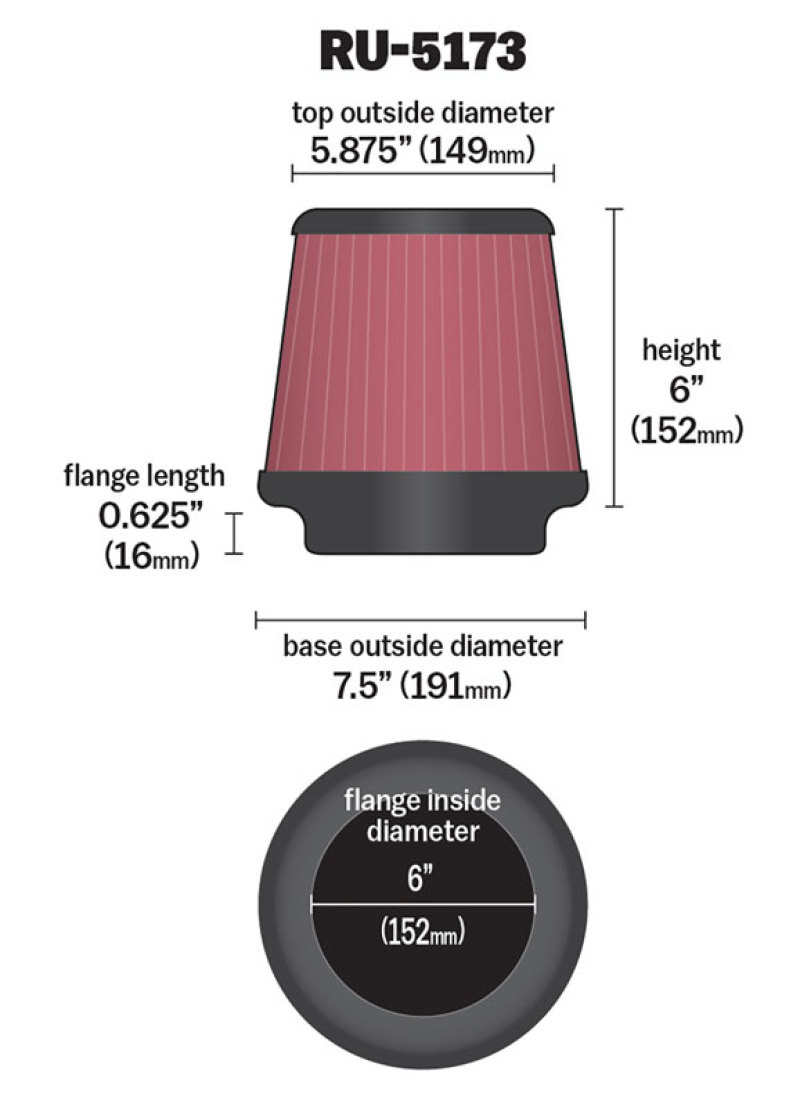 K&N Universal Clamp-On Air Filter 6in FLG / 7-1/2in B / 5-7/8in T / 6in H thumbnail 4