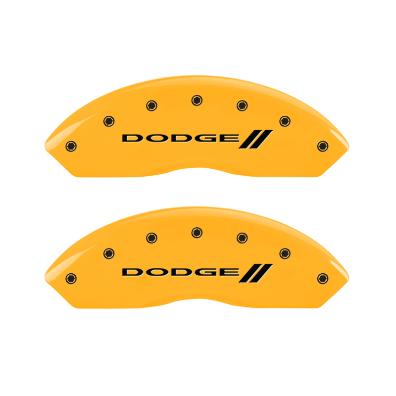 MGP 4 Caliper Covers Engraved Front & Rear With stripes/Dodge Yellow finish black ch thumbnail 6