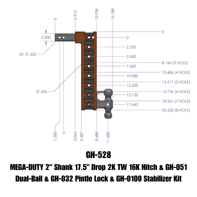 Gen-Y Mega Duty 2in Shank 17.5in Drop 16K Hitch w/Dual-Ball/Pintle Lock/Stabilizer Kit