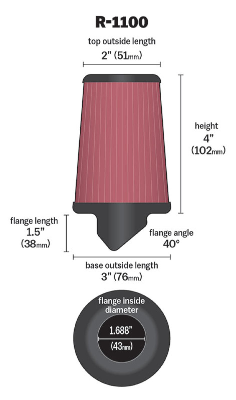 K&N Universal Rubber Filter Round Tapered 3in Base OD x 2in Top OD x 4in H - 73-78 Honda ATC90 thumbnail 7