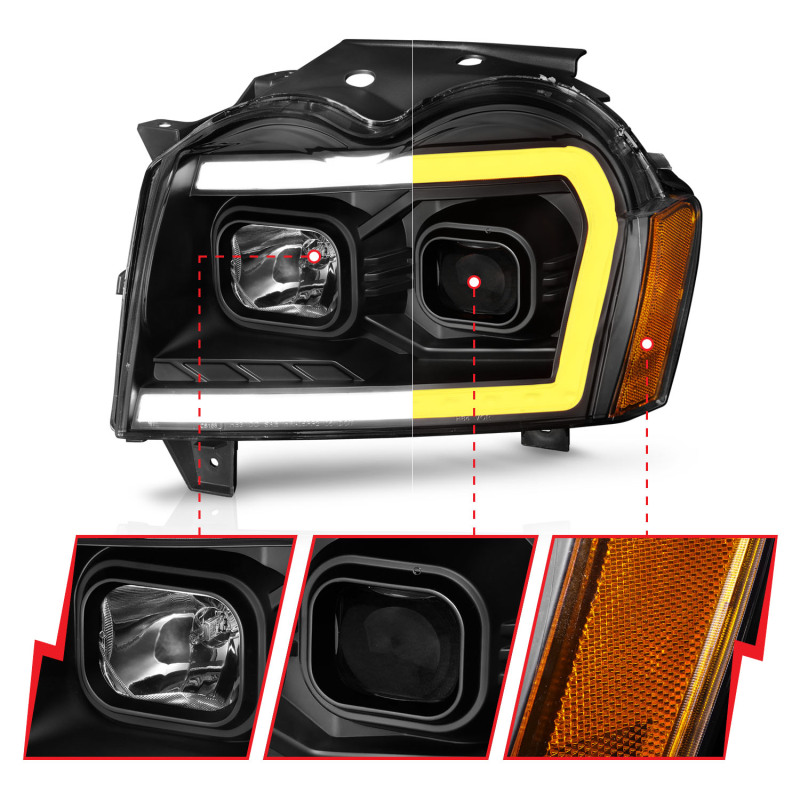 ANZO 2005-2007 Jeep Grand Cherokee Projector Headlights w/ Light Bar Switchback Black Housing thumbnail 9