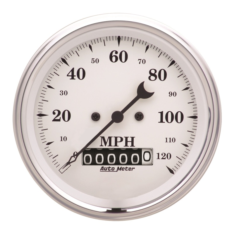 AutoMeter Gauge Speedo. 3-3/8in. 120MPH Elec. Prog. W/ Wheel Odo Old Tyme White thumbnail 4