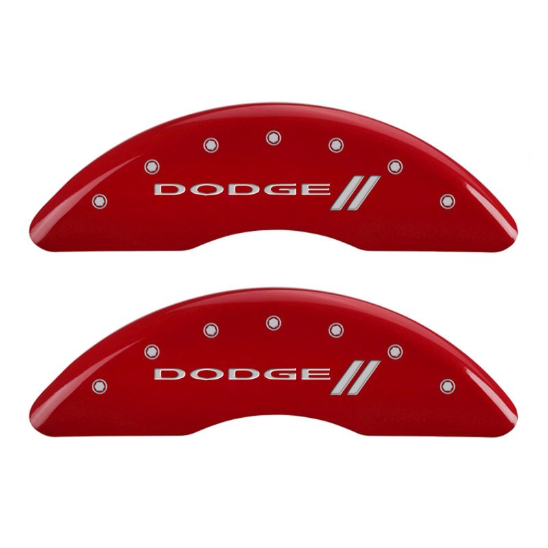 MGP 4 Caliper Covers Engraved Front & Rear With stripes/Dodge Red finish silver ch thumbnail 2