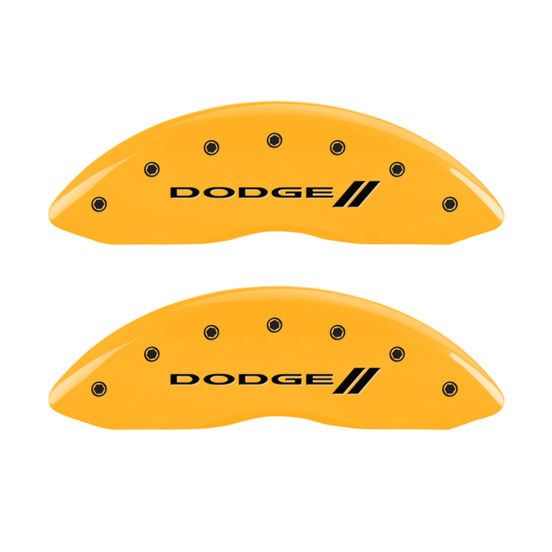 MGP 4 Caliper Covers Engraved Front & Rear With stripes/Dodge Yellow finish black ch thumbnail 6