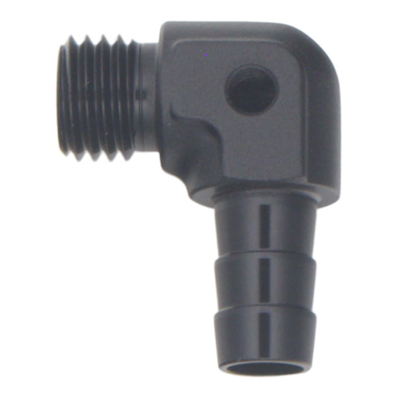 DeatschWerks Metric M12 to 3/8in Hose Barb 90-Degree Fitting w/ Venturi Port - Anodized Matte Black thumbnail 2