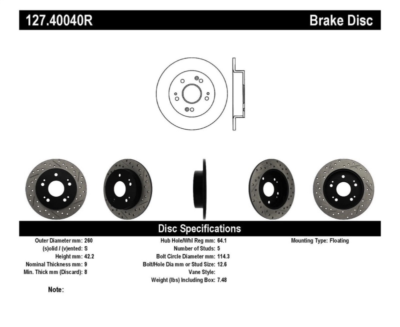 StopTech 06-09 Honda Civic Ex/Si Slotted & Drilled Right Rear Rotor thumbnail 3