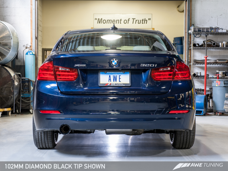 AWE Tuning 13-18 BMW 320i (F30) Touring Edition Exhaust w/ Performance Mid Pipe - Diamond Blk Tips thumbnail 4