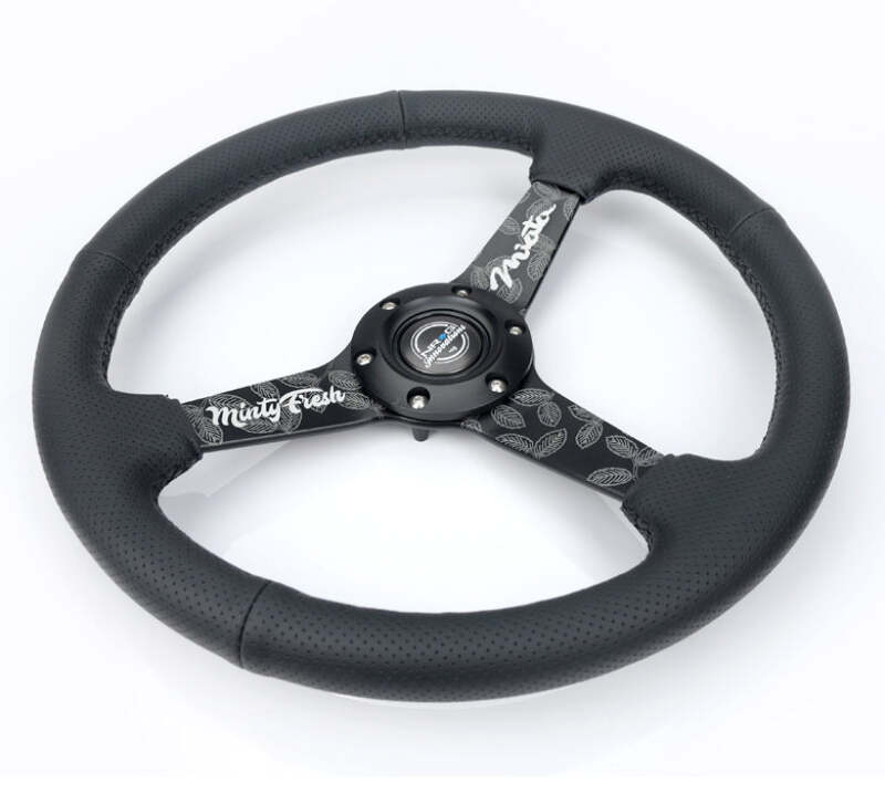 NRG Reinforced Black Perforated Leather Steering Wheel 350mm / 1.5in Deep w/ Goal Digger Blk Stitch thumbnail 3