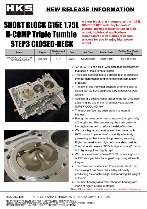 HKS SHORT BLOCK G16E 1.75L HC-TT S3 CLOSED-D thumbnail 5