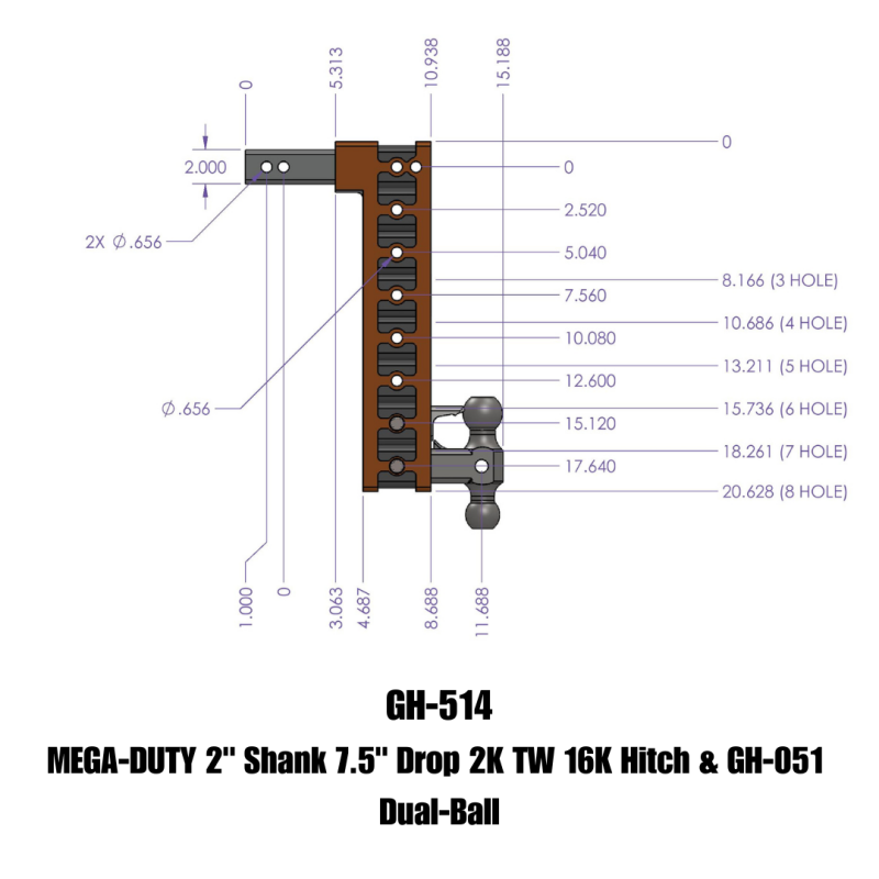 Gen-Y Mega Duty 2in Shank 7.5in Drop 2K TW 16K Hitch w/GH-051 Dual-Ball
Drop Hitch