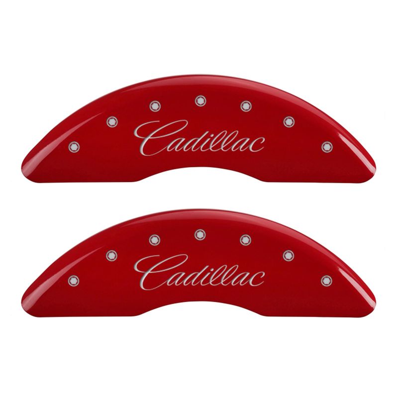 MGP 4 Caliper Covers Engraved Front & Rear Cursive/Cadillac Red Finish Silver Char 2016 Cadillac CT6 thumbnail 3