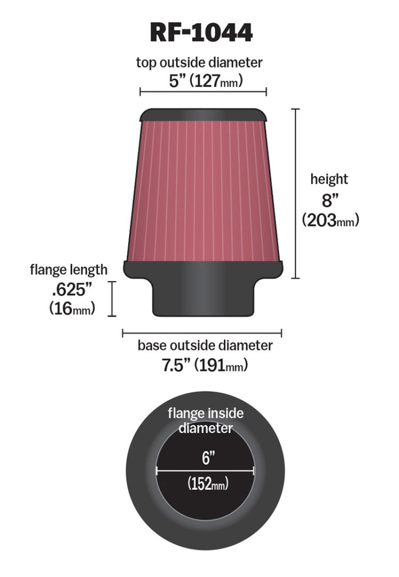 K&N Round Tapered Universal Air Filter 6 inch Flange 7.5 inch Base 5 inch Top 8 inch Height thumbnail 5