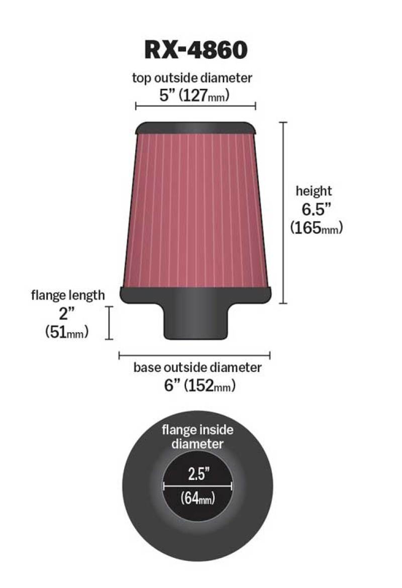 K&N Filter Universal X-Stream Clamp-On Round Tprd 2.5in Flng ID x 6in Base OD x 5in Top OD x 6.5in H thumbnail 5