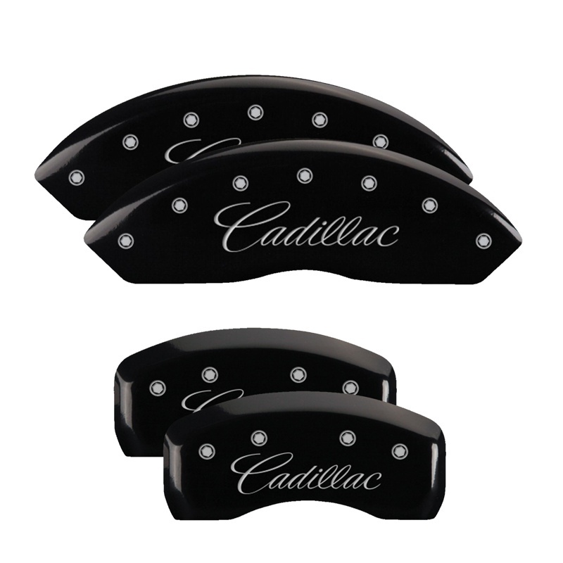 MGP 4 Caliper Covers Engraved Front & Rear Cursive/Cadillac Black finish silver ch thumbnail 3