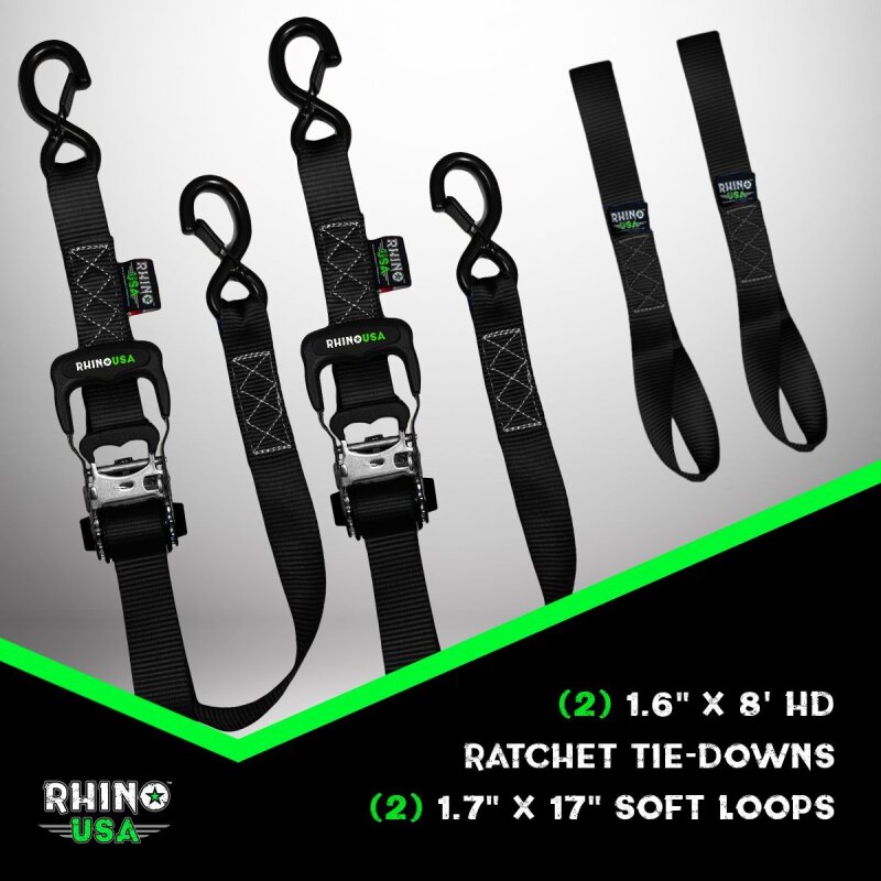 Rhino USA Heavy Duty Ratchet Tie-Downs 2-Pack (Black) 1.6In X 8Ft