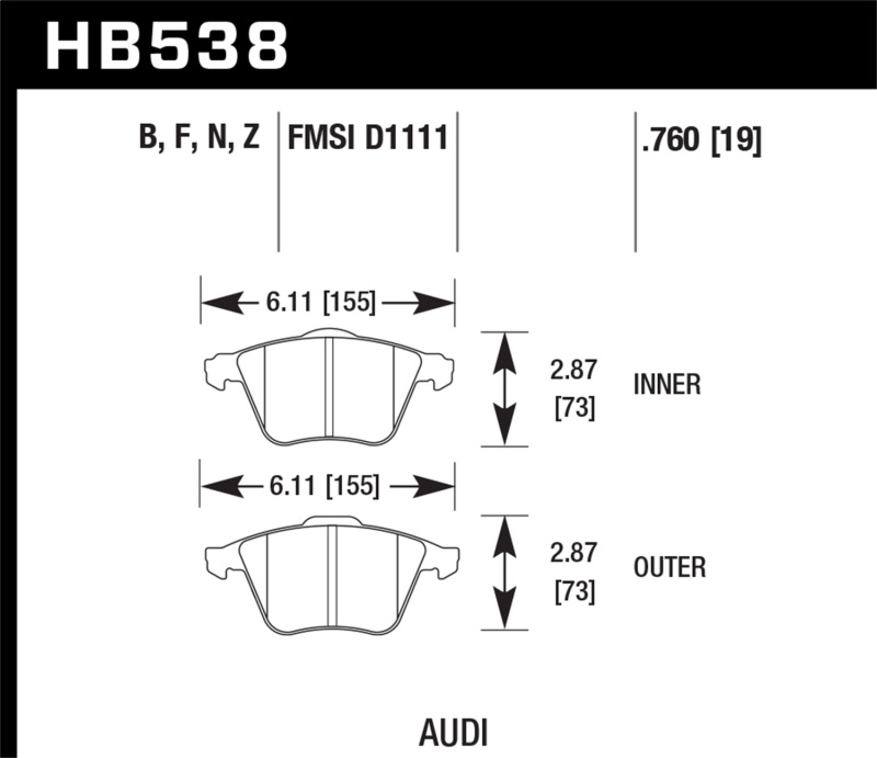 Hawk 09 Audi A4 Cabriolet / 05-07 A4 / 05-09 A4 Quattro / 06-09 A6 / 08 VW R32 HPS Front Brake Pads thumbnail 6