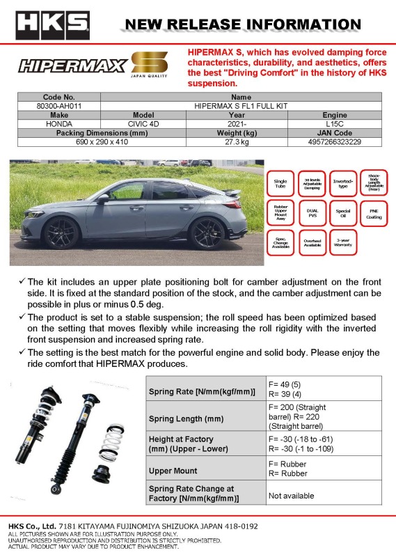 HKS 2021+ Honda Civic (FL1) Hipermax S Full Kit thumbnail 3
