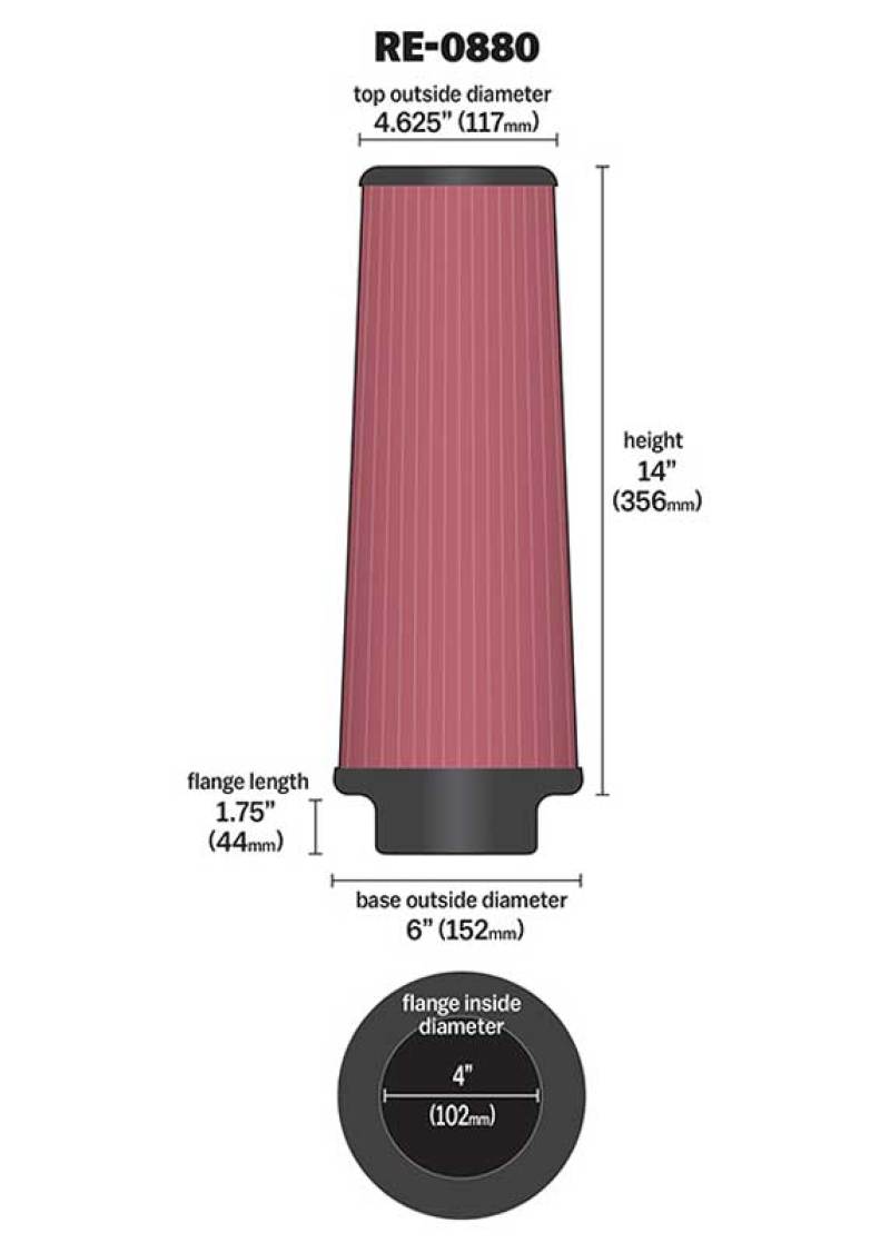 K&N Universal Rubber Filter 4inch FLG / 6inch OD-B / 4-5/8inch OD-T / 14inch H thumbnail 5