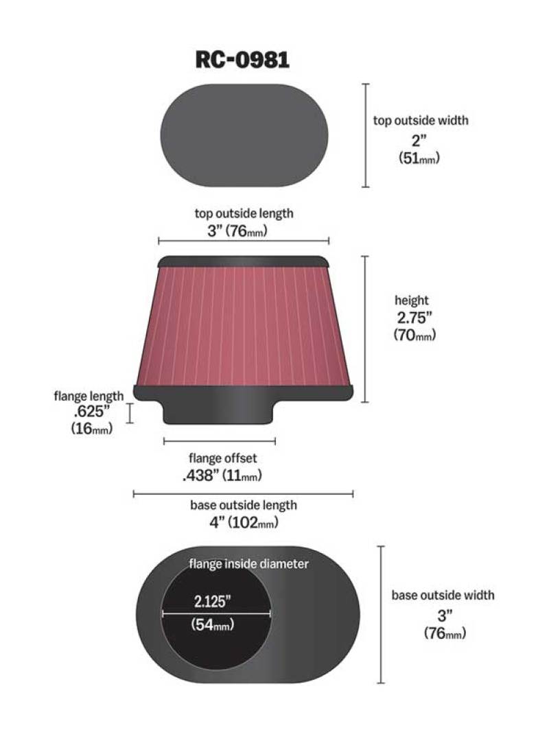 K&N Uni Chrome Oval Tapered Filter 2.125in FlgID x 4inB OL x 3inB OW x 3inT OL x 2inT OW x 2.75in H thumbnail 7