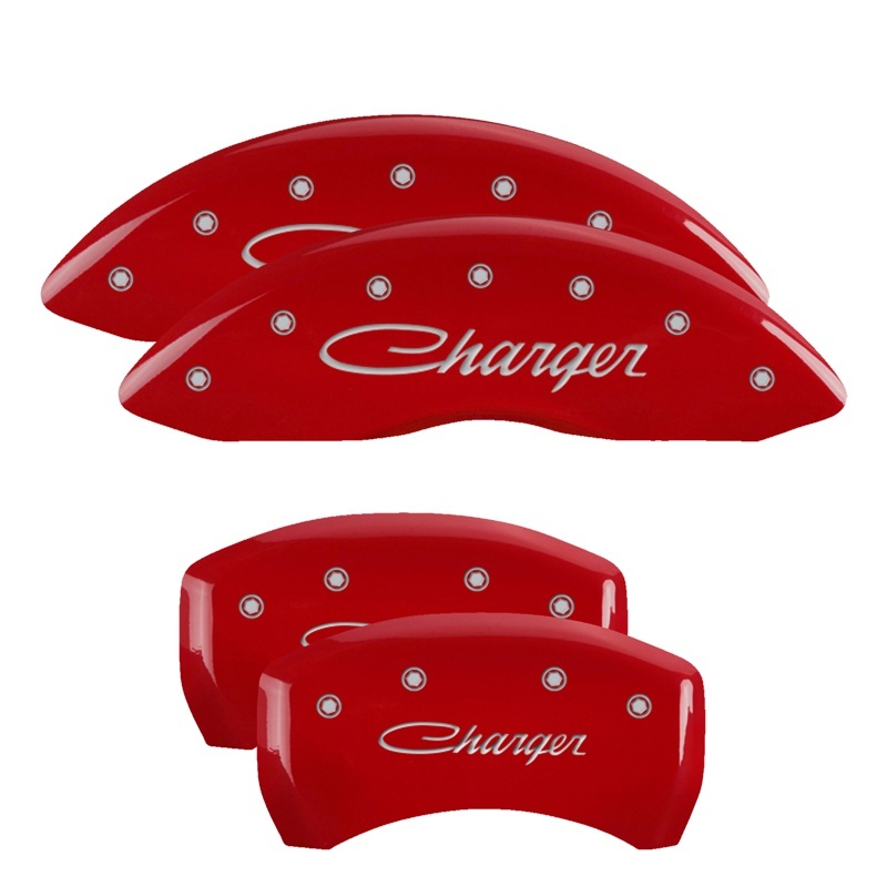 MGP 4 Caliper Covers Engraved Front & Rear Cursive/Charger Red finish silver ch thumbnail 3