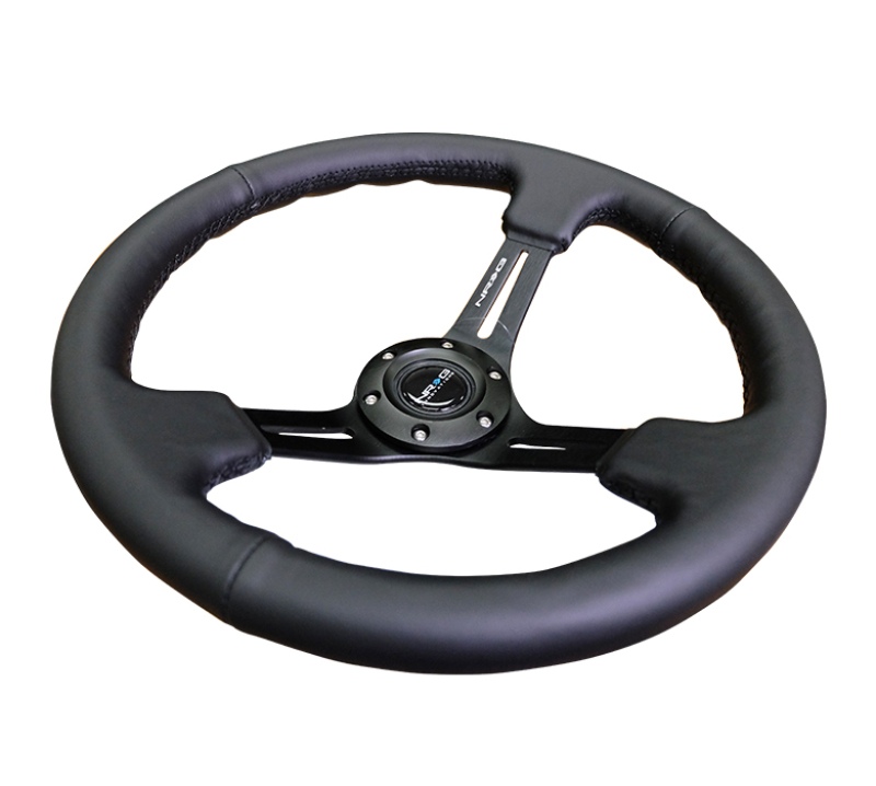 NRG Reinforced Steering Wheel (350mm / 3in. Deep) Blk Leather/Red Stitch w/Neochrome Slits