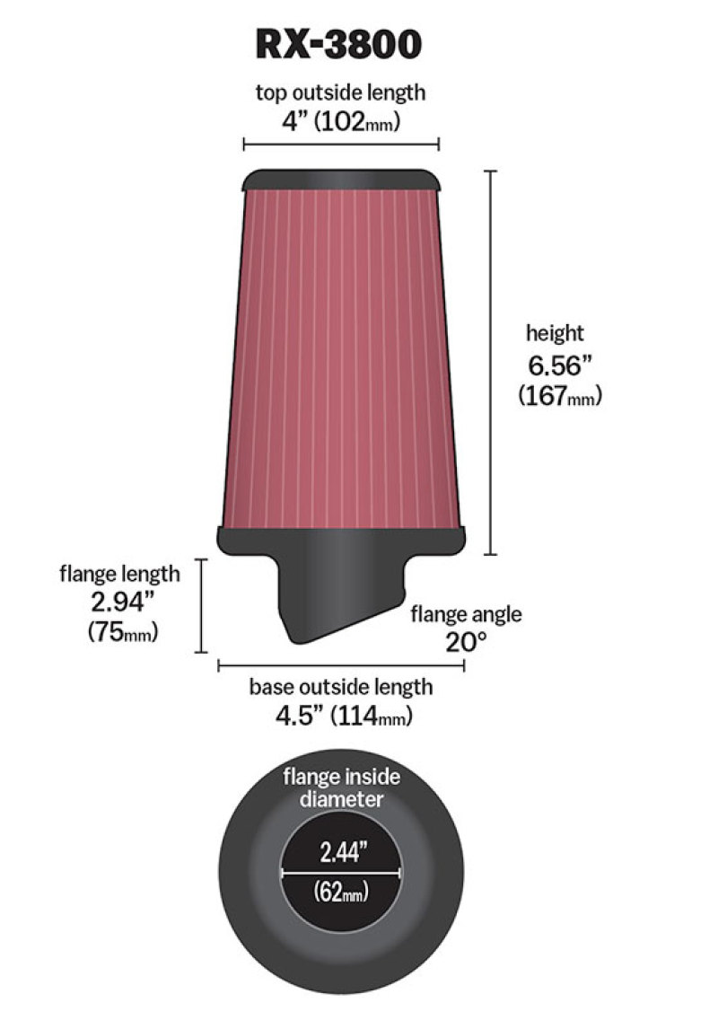 K&N Filter Universal X Stream Clamp-On 2.438in Flange ID x 4.5in Base OD x 4in Top OD x 6.563in H thumbnail 8