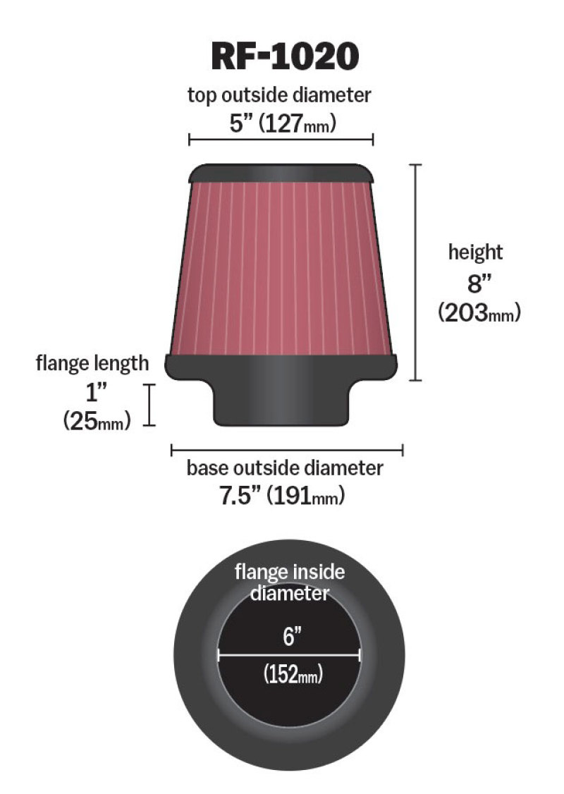 K&N Universal Air Filter 6in Flange ID x 7.5in Base / 5in OD Top x 8in H thumbnail 4