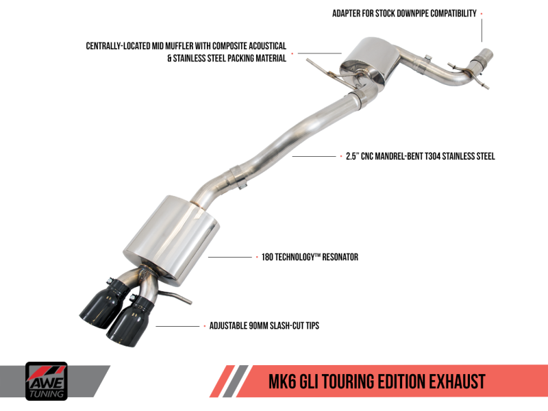 AWE Tuning Mk6 GLI 2.0T - Mk6 Jetta 1.8T Touring Edition Exhaust - Diamond Black Tips thumbnail 2