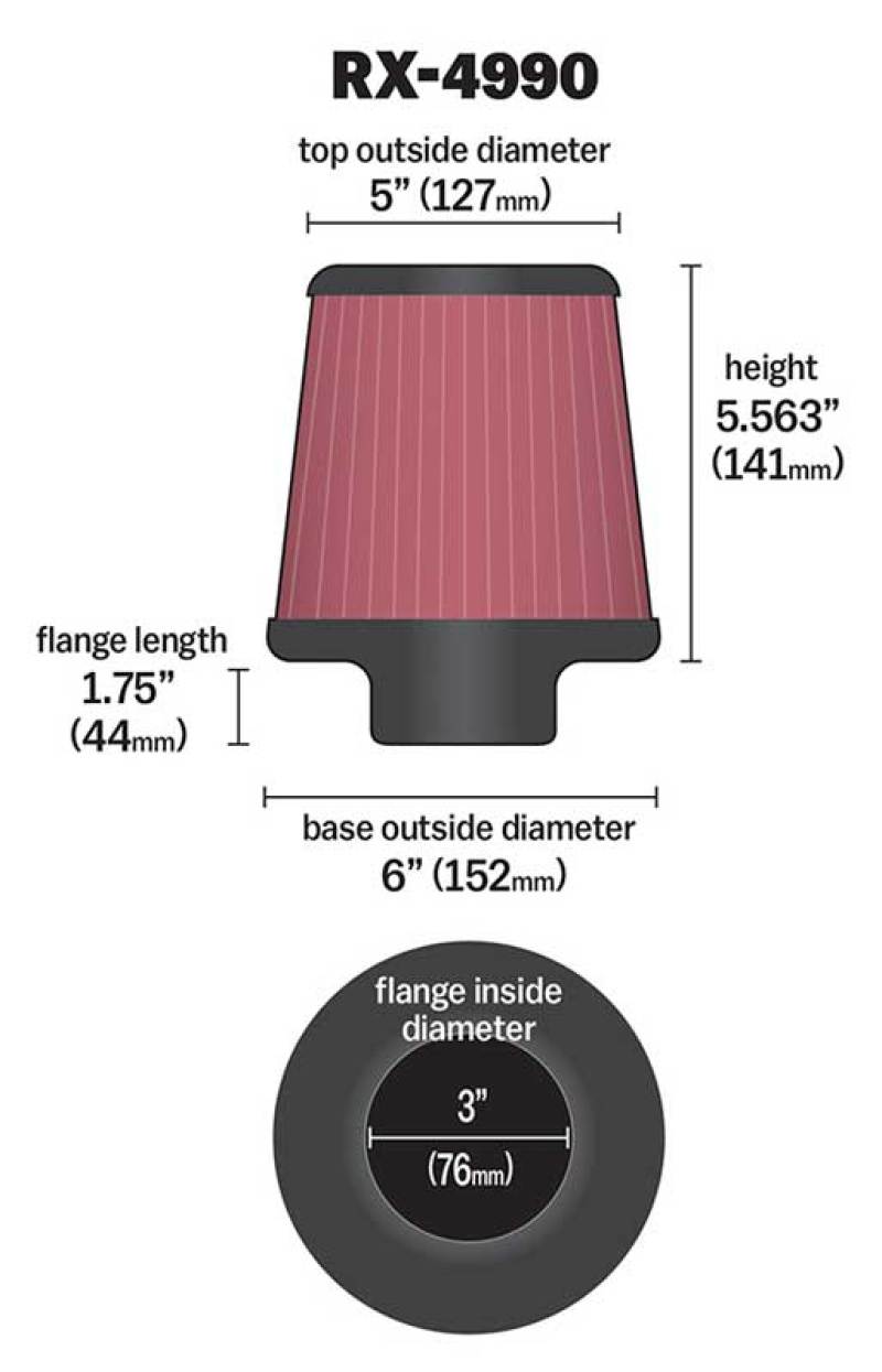 K&N Filter Universal X Stream Clamp-On 3 inch Flange 6 inch Base 5 inch Top 5 9/16 inch Height thumbnail 5