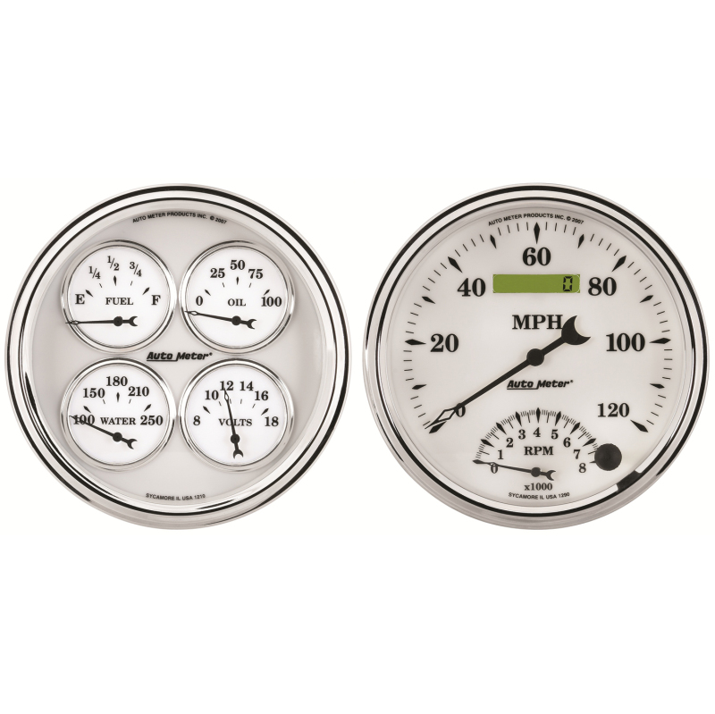 AutoMeter Gauge Kit 2 Pc. Quad & Tach/Speedo 5in. Old Tyme White II thumbnail 6