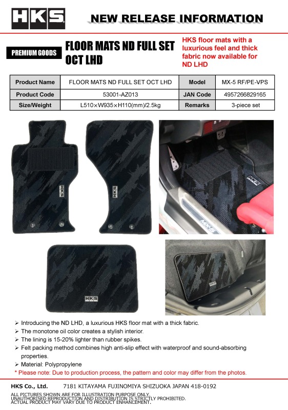 HKS FLOOR MATS ND FULL SET OCT LHD