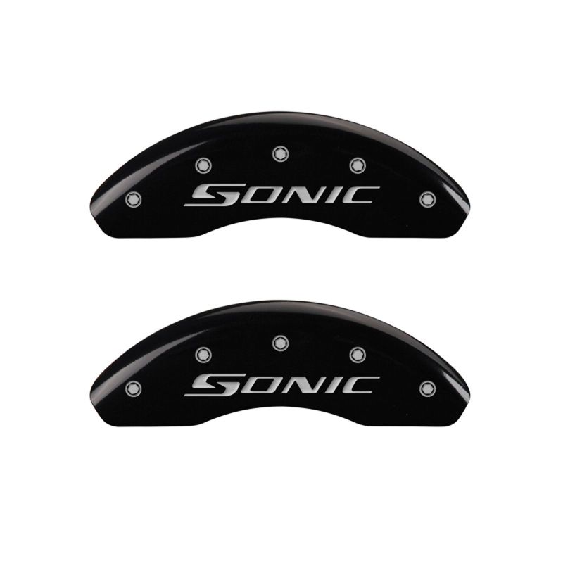 MGP Front set 2 Caliper Covers Engraved Front Sonic Black finish silver ch thumbnail 6