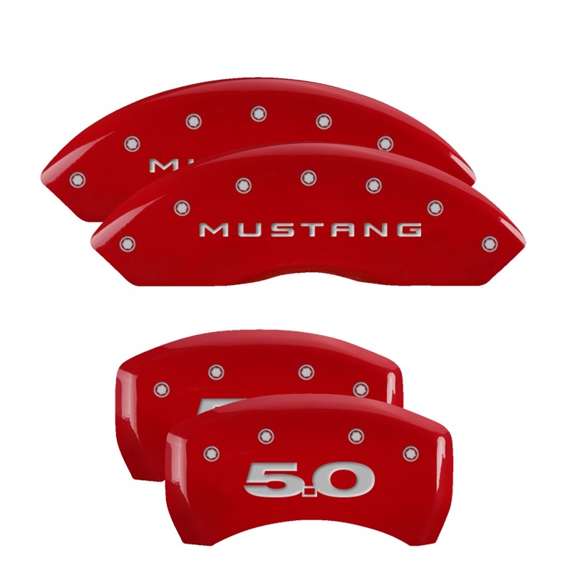 MGP 4 Caliper Covers Engraved Front Mustang Engraved Rear 50 Red finish silver ch thumbnail 7