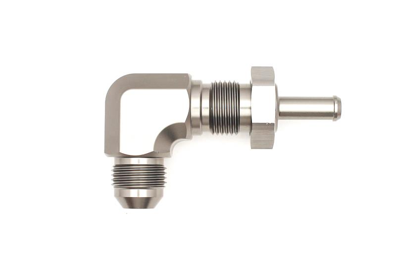 DeatschWerks 8AN Male Flare To 5/16in. Male Barb Bulkhead Adapter 90-Degree (Incl. Nut)