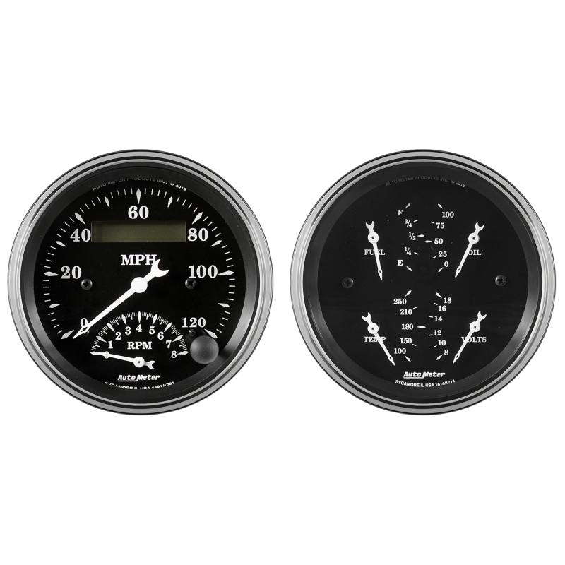 Auto Meter Gauge Kit 2 pc. Quad & Tach/Speedo 3 3/8in Old Tyme Black thumbnail 3