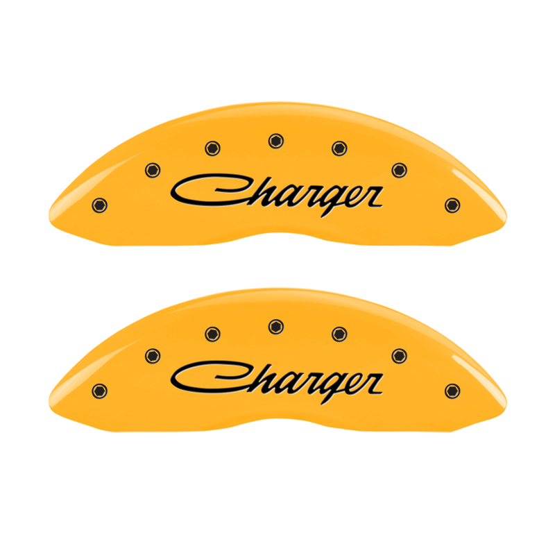 MGP 4 Caliper Covers Engraved F & R Cursive/Charger Yellow Finish Black Char 2006 Dodge Charger thumbnail 5