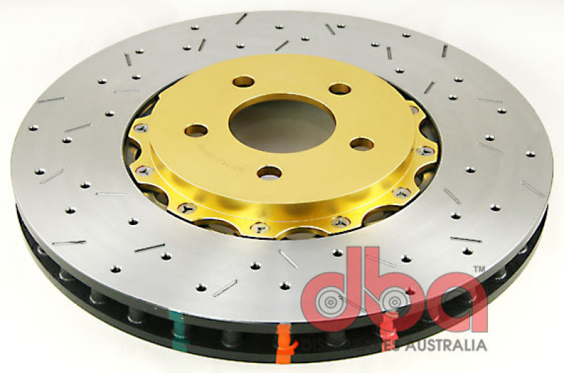 DBA HD Series 5000XS Brake Rotors DBA52124GLDXS Rotor, 5000XS, Vented, Cross-Drilled and Slotted Surface, Iron, Gold Painted, Ford, Front, Each thumbnail 5
