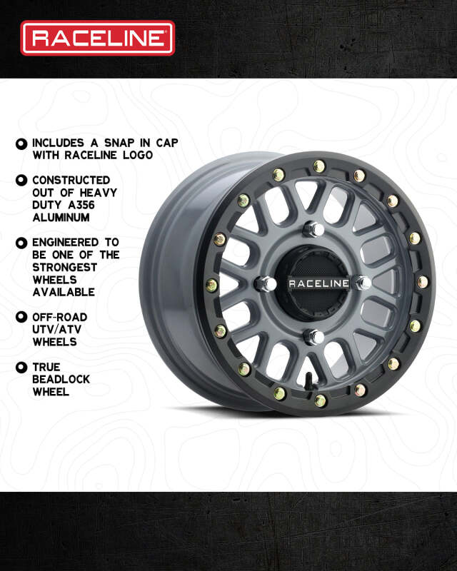 Raceline A93SG Podium 15x6in/4x156 BP/40mm Offset/132.5mm Bore - Grey & Black Ring Beadlock Wheel thumbnail 8