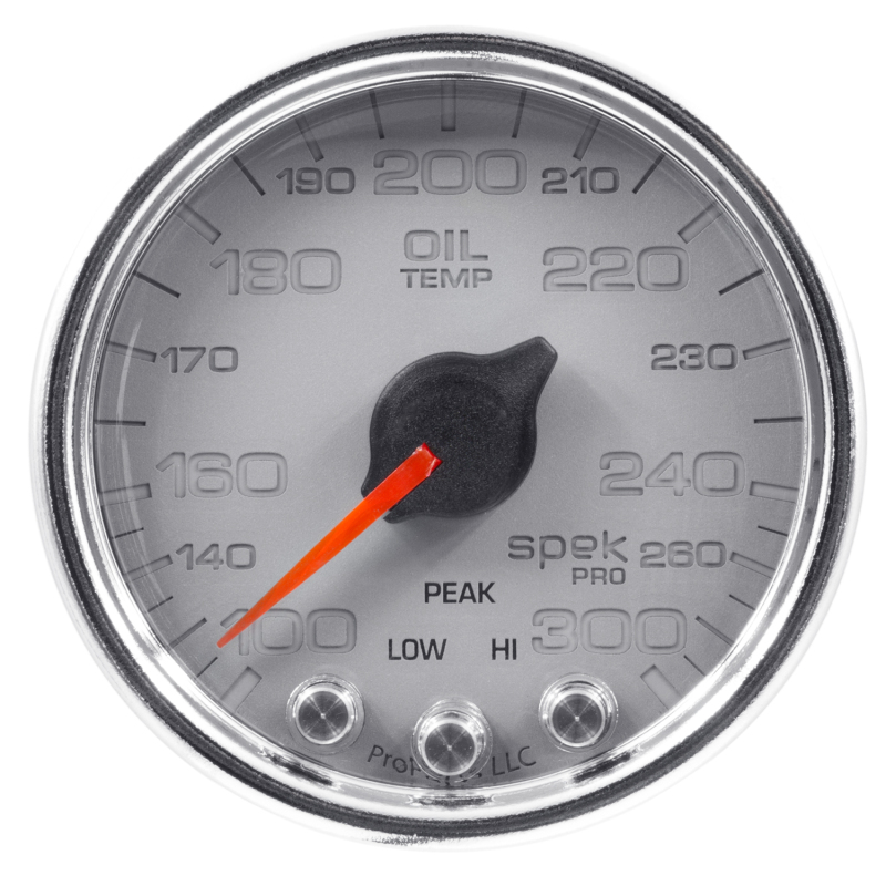 Autometer Spek-Pro Gauge Oil Temp 2 1/16in 300f Stepper Motor W/Peak & Warn Slvr/Chrm